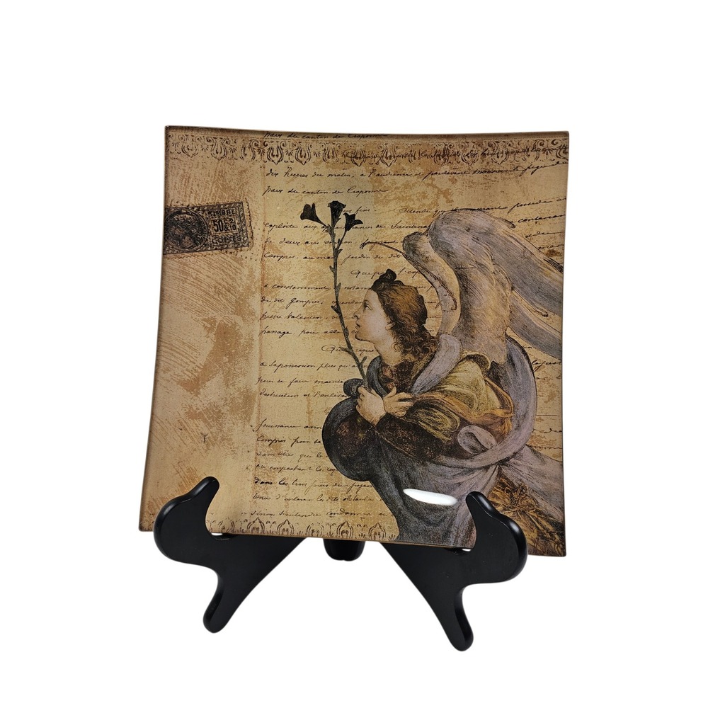 Vintage French Script Angel Glass‎ Decoupage Square Decorative Tray Trinket Dish
